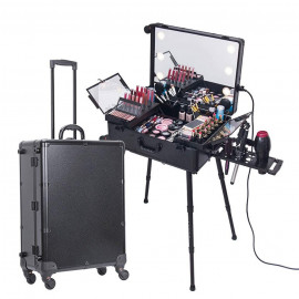 Rolling Makeup Case with LED Light Mirror with Multimedia